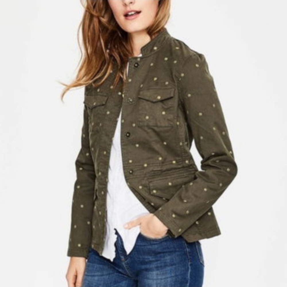 Boden Carly Embroidered Utility Jacket Green Golden Daisy sz 16R